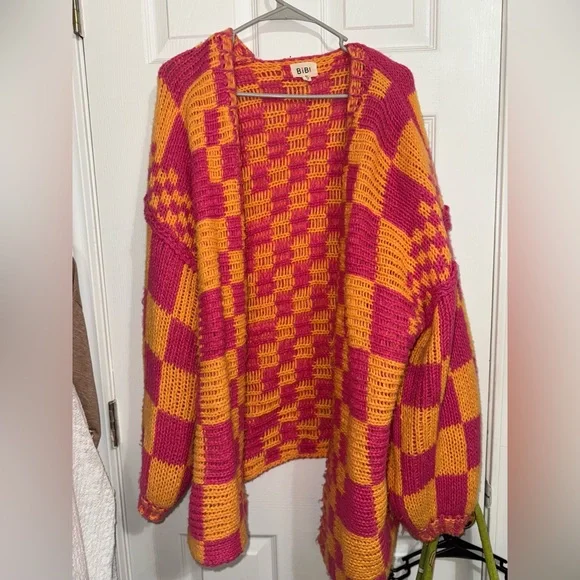 BiBi Pink and Orange Checkered Cardigan - Picture 2 of 4